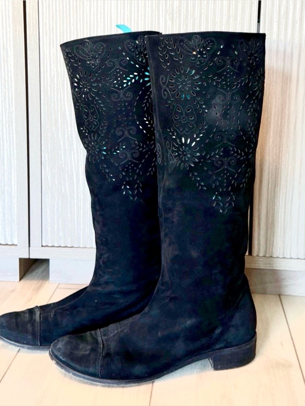 Anthropologie Black Suede Boho Knee High Boots - size 38